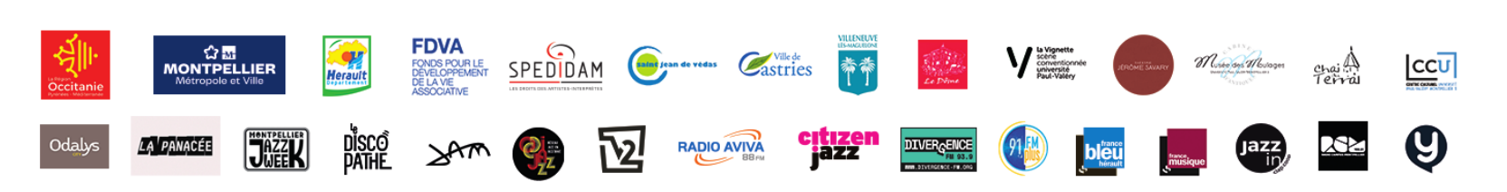 Logos des partenaires : Région Occitanie, Montpellier Méditerranée Métropole, Département de l’Hérault, FDVA, Spedidam, Saint-Jean-de-Védas, Castries, Villeneuve-lès-Maguelone, Le Dôme, La Vignette, Théâtre Jérôme Savary, Musée des Moulages, Chai du Terral, CCU, Odalys, La Panacée, Montpellier Jazz Week, Le Discopathe, Le JAM, Victoire 2, Radio Aviva, Citizen Jazz, Divergence FM, 91 FM, France Bleu Hérault, France Musique, Jazz In, Yoot